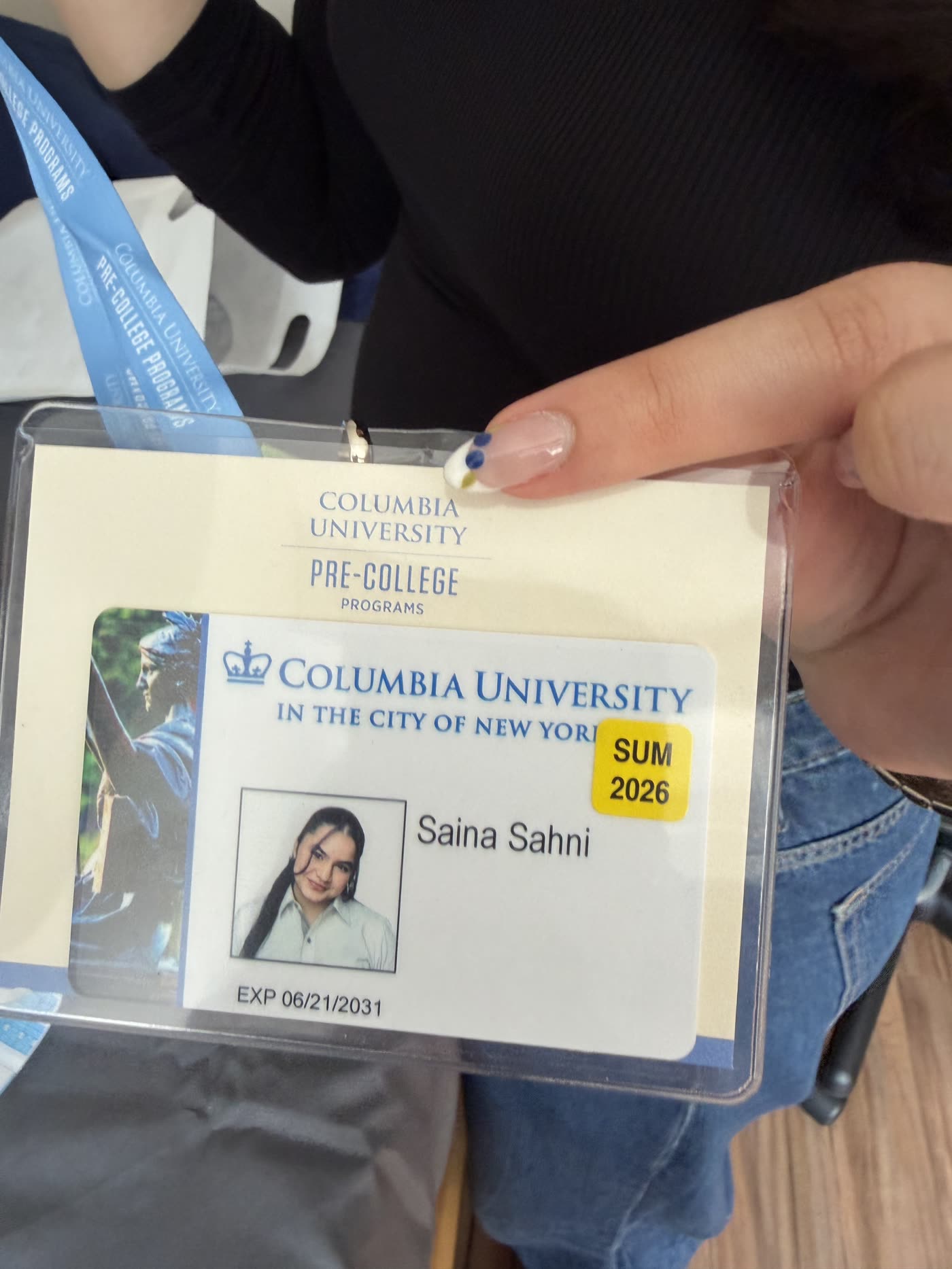 Saina Sahni's Columbia University Pre-College Programs ID card, summer 2026